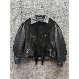 Vintage Suede Leather Fringe Collared Full Zip‎ Biker Jacket Black Mens Size 42